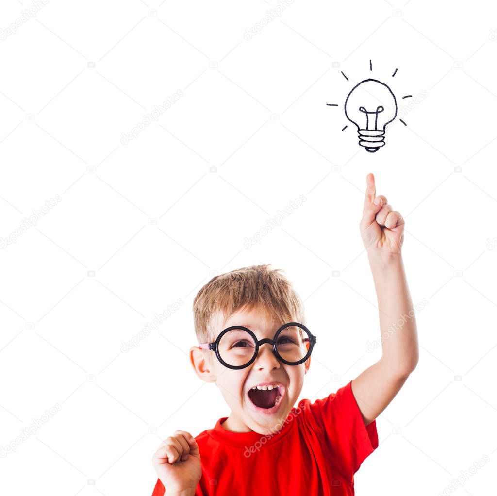 Very smart boy have an idea, isolated on white