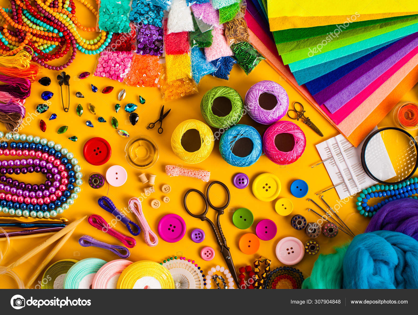 Craft Supplies for Creative Handmade, Top View Set Stock Photo