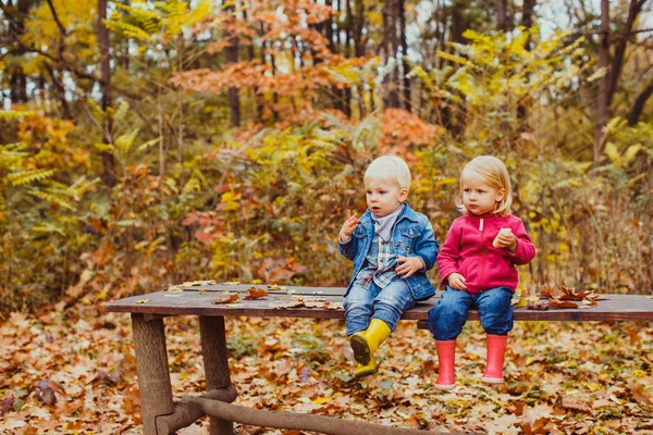 Dos niños pequeños, niño y niña sentados y comiendo — Foto de Stock