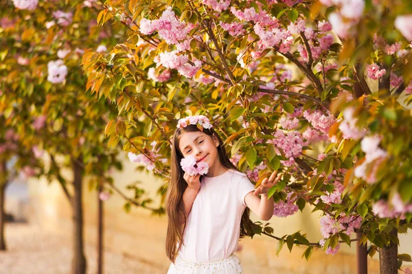 Spring portrait, adorable little girl walk in blossom sakura tree garden — Stock Photo, Image