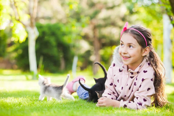 Outdoor portrait of cute girl playing with small kittens — Stock Photo, Image