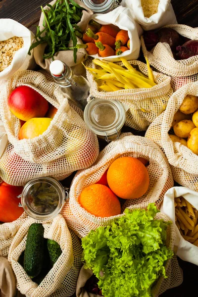 Zero waste food shopping. Fruit and vegetables in cotton bags