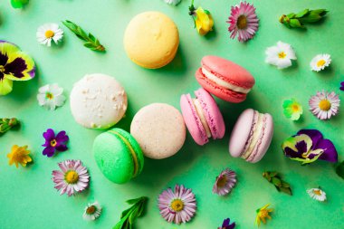 Yeşil arka planda renkli makaronlar ve çiçekler