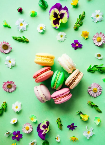 Des macarons colorés et des fleurs écorchés reposent sur le vert — Photo