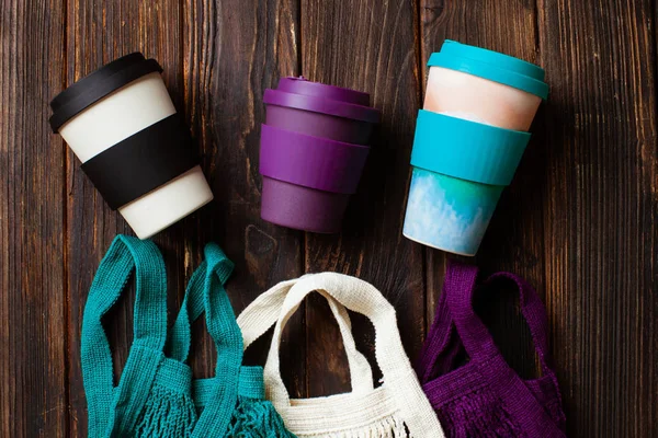 Cotton mesh bags and bamboo coffee mugs