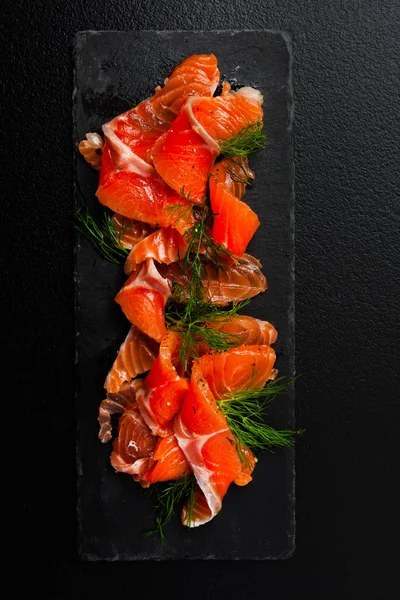 Smoked Salmon with spices and Dill, top view — Stock Photo, Image