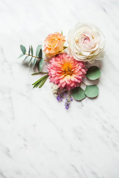 Wedding composition on the white marble background, top view — Stock Photo, Image