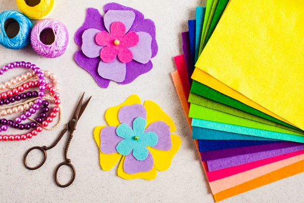 Top view of felt decorations, scissors and beads — Stock Photo, Image