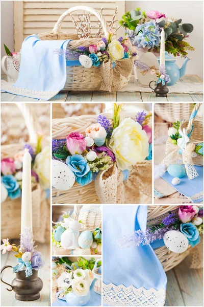 Плетеные корзины, свечи и синяя салфетка с кружевами — стоковое фото