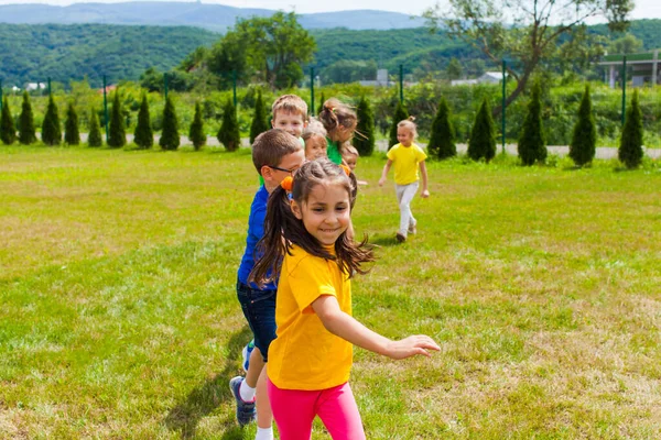 La chica lleva a sus amigos, gran grupo de niños — Foto de Stock