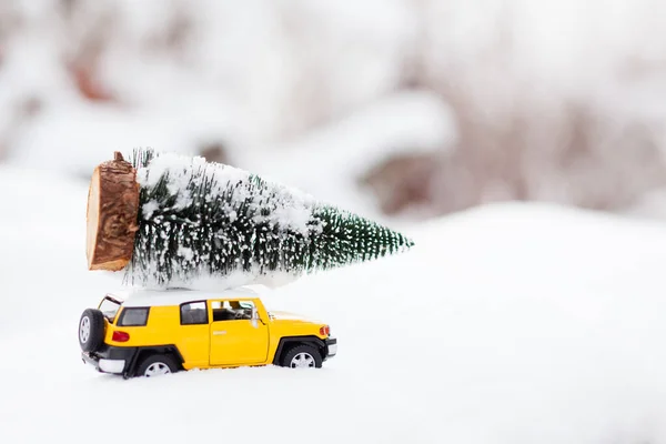 Sárga teherautó vontatja a karácsonyfát haza egy havas téli erdőben — Stock Fotó