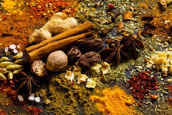 Spice and herbs background, top view art food