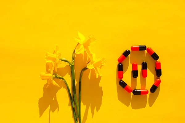 Círculo de vista superior de píldoras y narciso amarillo — Foto de Stock