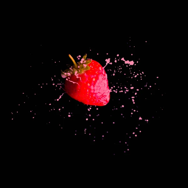 Strawberry in cream splash on black background — Stock Photo, Image