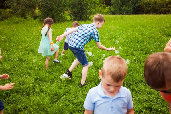 Crianças bonitas se divertindo com bolhas de sabão ao ar livre — Fotografia de Stock