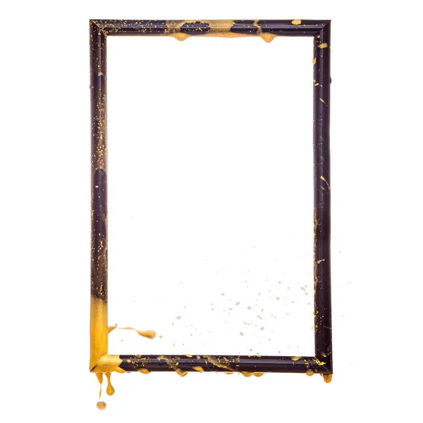 Golden splashes over the black frame - modern art concept — Stock Photo, Image