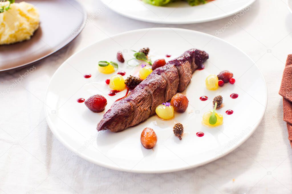 Piece of roasted deer meat on white plate