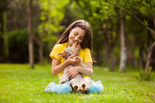 Den lyckliga flickan kramar sin yorkshire terrier i trädgården — Stockfoto