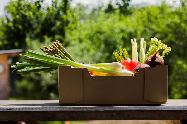 Lebensmittelkiste mit frischem Gemüse auf Holztisch, im Freien. — Stockfoto