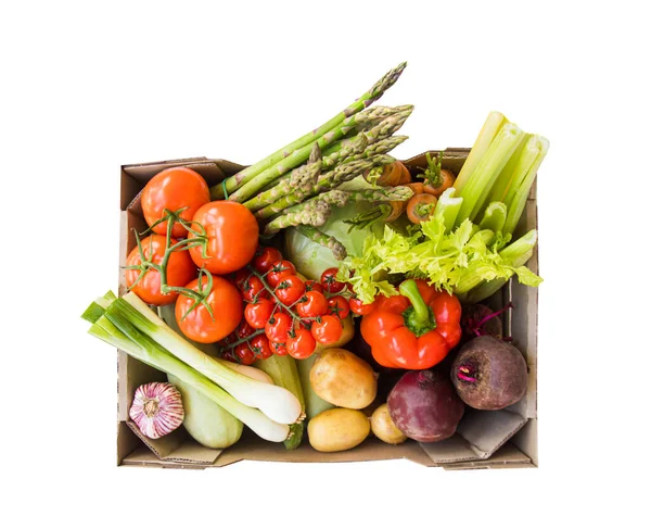 Box of summer vegetables, isolated on white — Stock Photo, Image