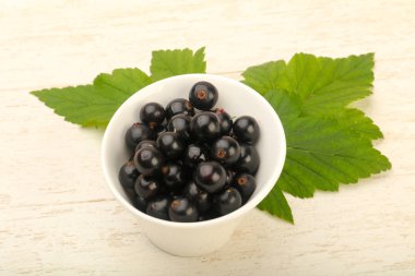 Olgun siyah kuş üzümü ile yaprak kase