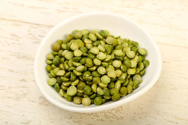 Green Peas Pile Bowl Wooden Background — Stock Photo, Image