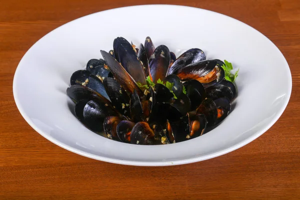 Tasty Black Mussels Spices — Stock Photo, Image