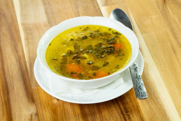 Lichte Minestrone Soep Met Groenten Witte Kom — Stockfoto