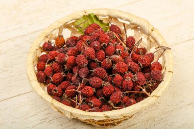 Kase ahşap arka plan üzerinde kuru alıç yığın