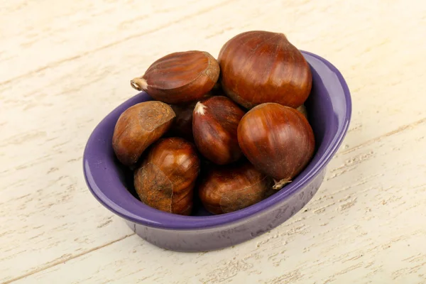 Tasty Chestnuts Bowl Wooden Background — Stock Photo, Image