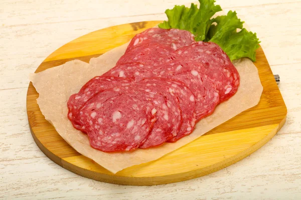 Salchichon Salsiccia Spagna Fette Asse Legno — Foto Stock