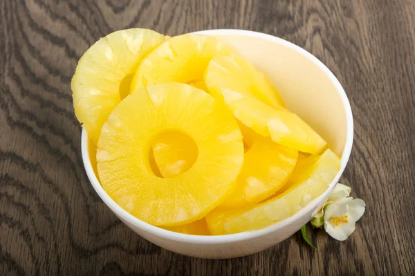 Close view of canned pineapple in white bowl