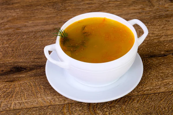 Kippensoep Met Groenten Kruiden Houten Tafel — Stockfoto