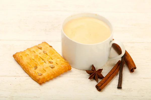 Coffee Pastry Served Cinnamon Wooden Table — Stock Photo, Image