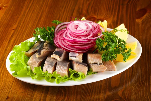 Herring Fillet Potato Served Red Onion — Stock Photo, Image