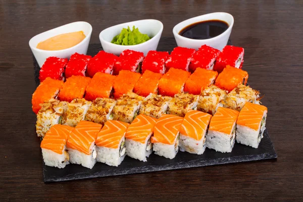 Delicious California Philadelphia Sushi Set Sauces Wasabi — Stock Photo, Image