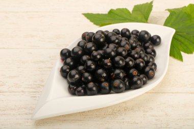 Olgun siyah kuş üzümü ile yaprak kase