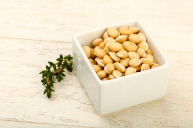 Kase ahşap arka plan üzerinde çiğ beyaz fasulye