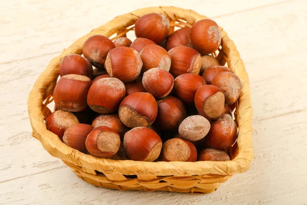 Hazelnut Heap Basket Wooden Background — Stock Photo, Image