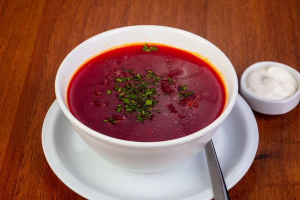 Tasty borsch soup with sour cream — Stock Image Tasty Borsch Soup Sour Cream Stock Photo