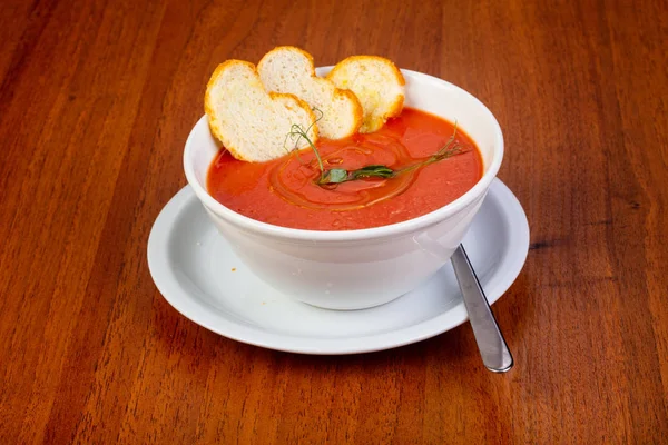 Delicious Gaspacho Soup Bread Basil — Stock Photo, Image