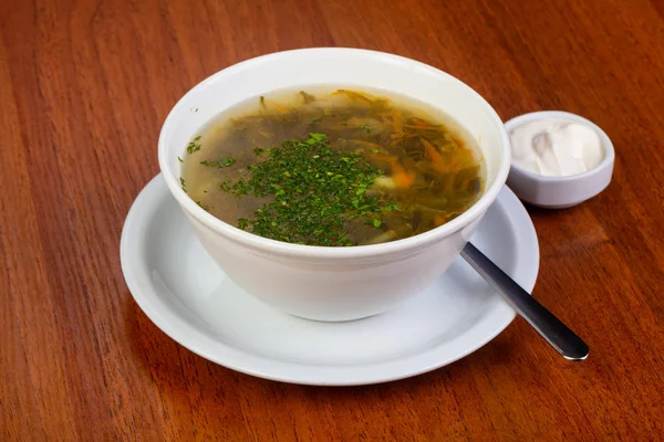 Leckere Sauerampfersuppe Mit Saurer Sahne — Stockfoto