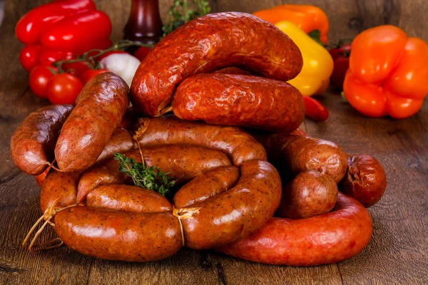 Pork Sausages Wooden Background — Stock Photo, Image