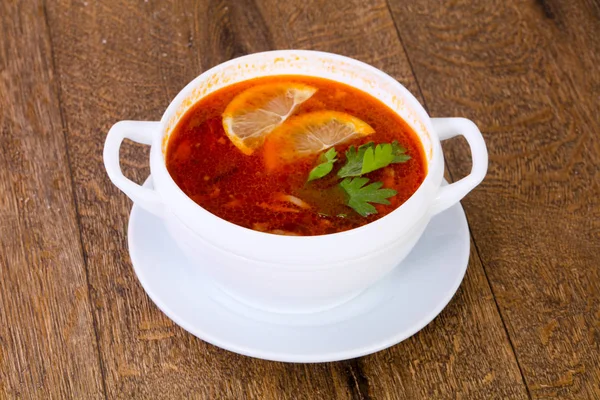 Solyanka Soup Lemon Serbed Parsley — Stock Photo, Image