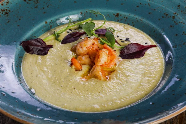 Sopa Crema Brócoli Con Gambas — Foto de Stock