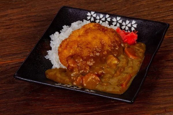 Japanse Tonkatsu Varkensvlees Met Kerrie Saus Rijst — Stockfoto