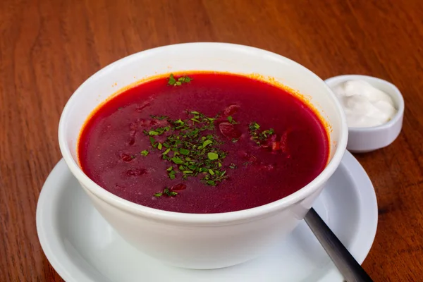 Tasty Borsch Soup Sour Cream — Stock Photo, Image