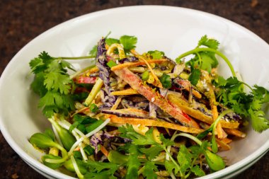 Lezzetli vitamini salata domates, lahana, otlar ve baharatlar