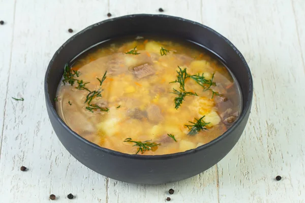 Pea soup with beef and dill — Stock Image Pea Soup Beef Dill Stock Picture