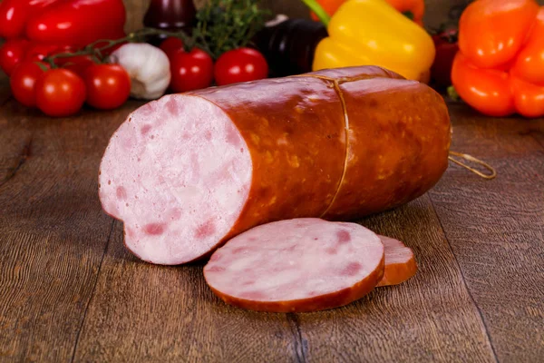 Pork Sausages Wooden Background — Stock Photo, Image